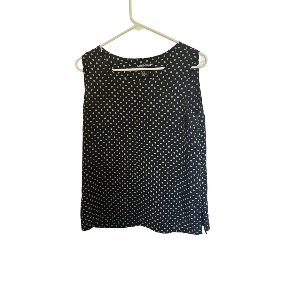 Savannah Silk Polka Dot Sleeveless Blouse Black Tan Scoop Neck Top Womens M